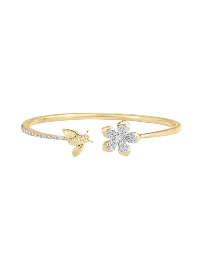 18K Two-Tone Gold Queen Bee Diamond Partial Flower And Bee Open Bangle Cuff