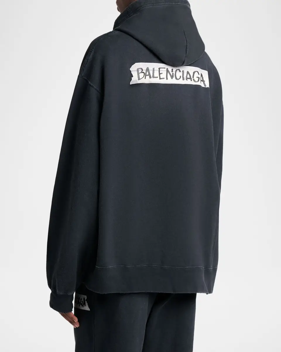 Balenciaga Men's Masking Tape Oversized-Fit Faded Fleece Full-Zip Hoodie | Thumbnail 2 Balenciaga Men's Masking Tape Oversized-Fit Faded Fleece Full-Zip Hoodie | Thumbnail 2