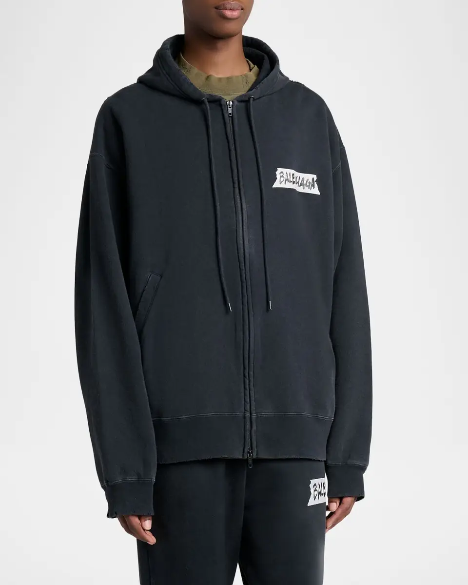 Balenciaga Men's Masking Tape Oversized-Fit Faded Fleece Full-Zip Hoodie | Thumbnail 3 Balenciaga Men's Masking Tape Oversized-Fit Faded Fleece Full-Zip Hoodie | Thumbnail 3