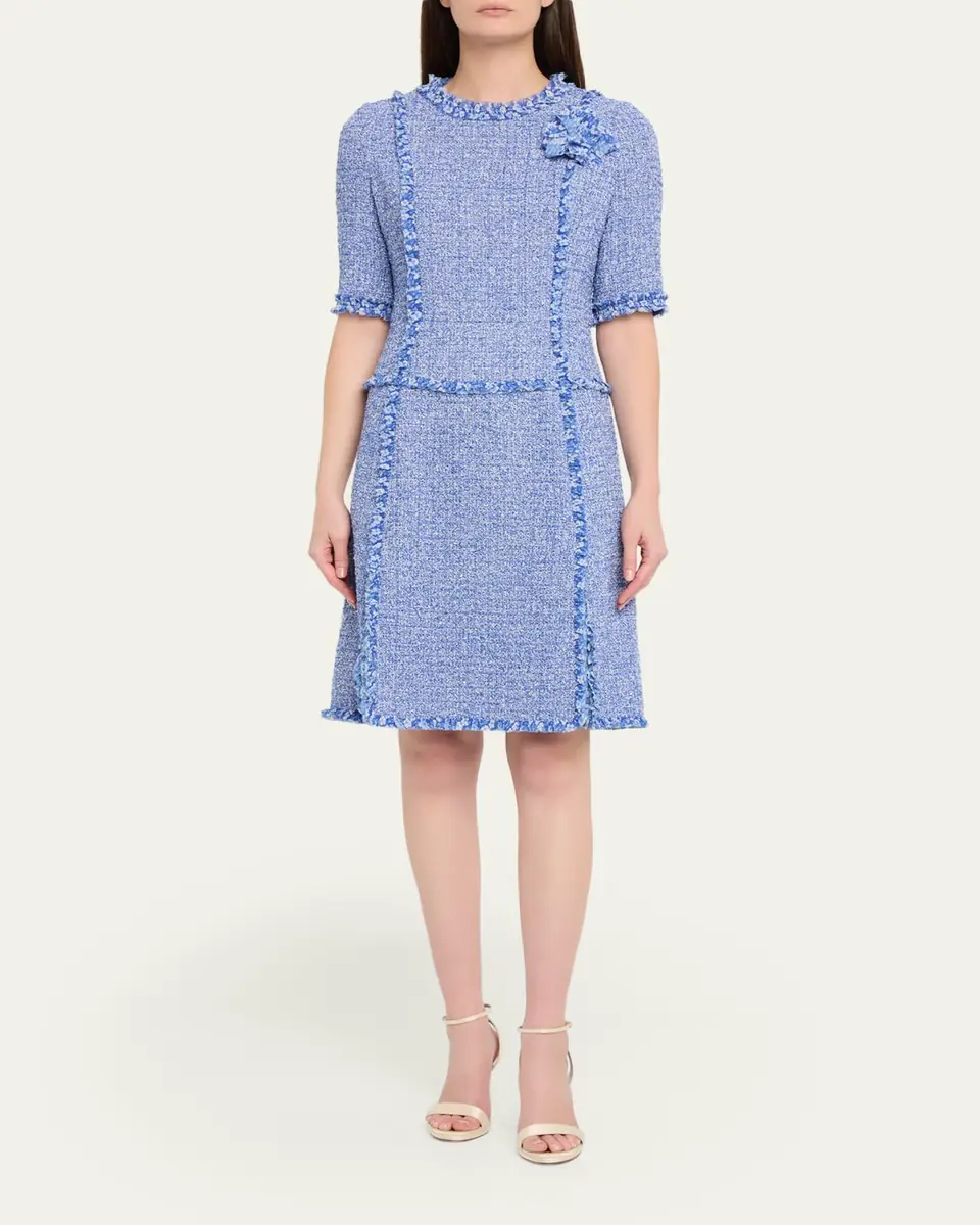 Rickie Freeman for Teri Jon Frayed-Trim Woven Tweed Dress | Thumbnail 2