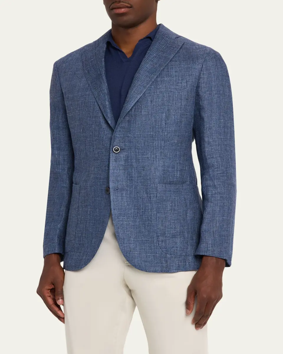 Boglioli Men's Plaid Linen Denim Single-Breasted Blazer | Thumbnail 4 Boglioli Men's Plaid Linen Denim Single-Breasted Blazer | Thumbnail 4