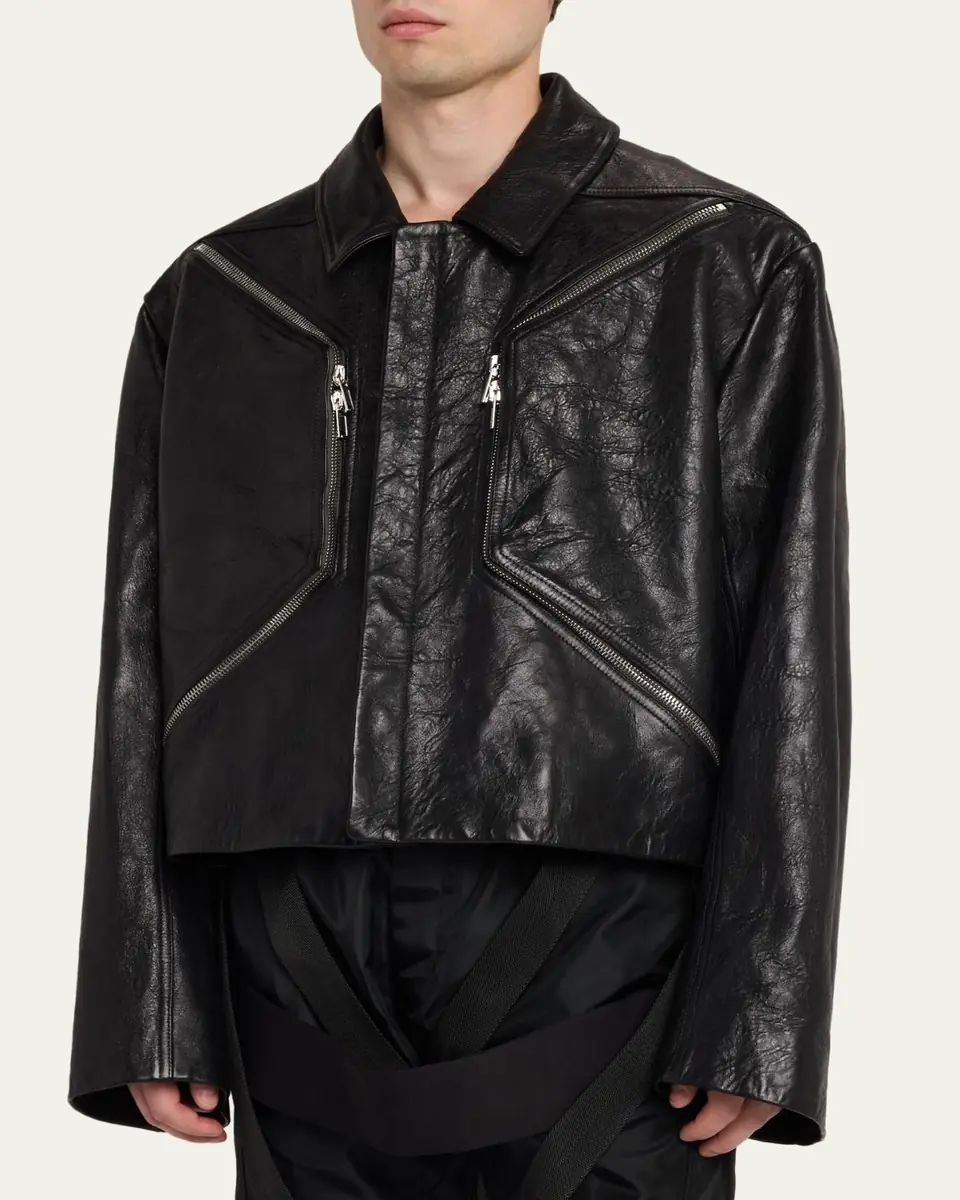 Rick Owens Men's Textured-Leather Biker Jacket | Thumbnail 4 Rick Owens Men's Textured-Leather Biker Jacket | Thumbnail 4
