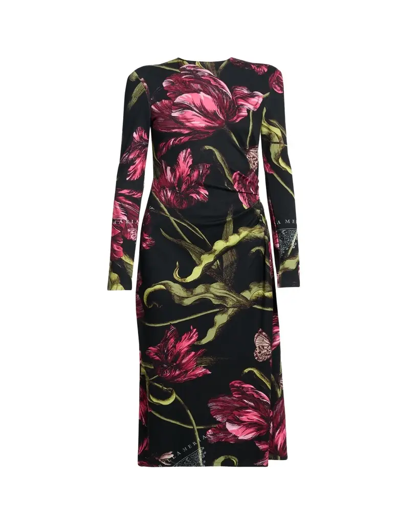 Erdem Floral Long-Sleeve Draped Midi Dress | Image 1 Erdem Floral Long-Sleeve Draped Midi Dress | Image 1