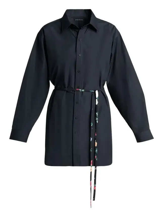 Cotton Poplin Mini Shirtdress with Floral Sash Cotton Poplin Mini Shirtdress with Floral Sash