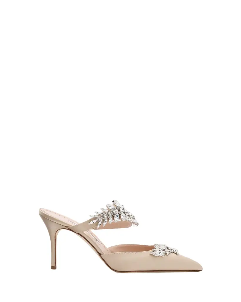 Manolo Blahnik 90mm Lurum Embellished Satin Mule Pumps | Image 1 Manolo Blahnik 90mm Lurum Embellished Satin Mule Pumps | Image 1