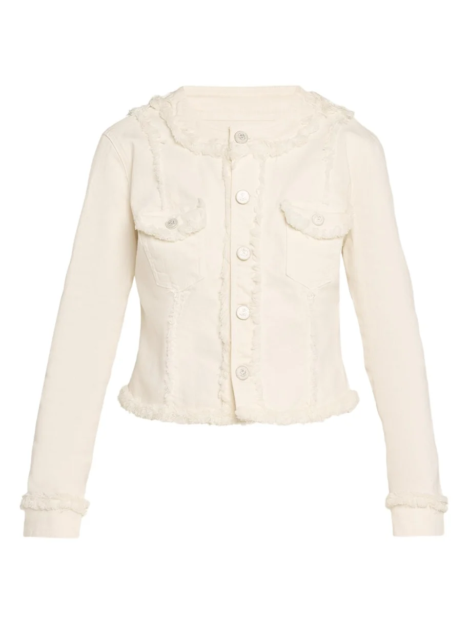 Yarin Fringe-Trim Collarless Denim Jacket Yarin Fringe-Trim Collarless Denim Jacket