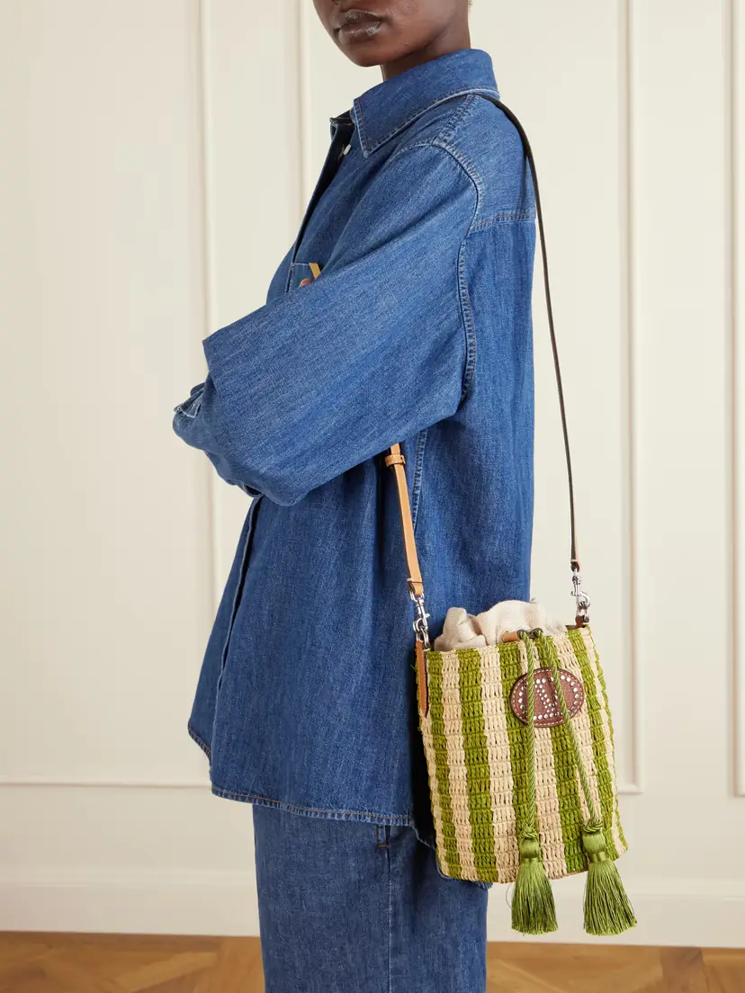 Valentino Garavani Embellished Striped Leather-trimmed Raffia Bucket Bag | Thumbnail 2 Valentino Garavani Embellished Striped Leather-trimmed Raffia Bucket Bag | Thumbnail 2