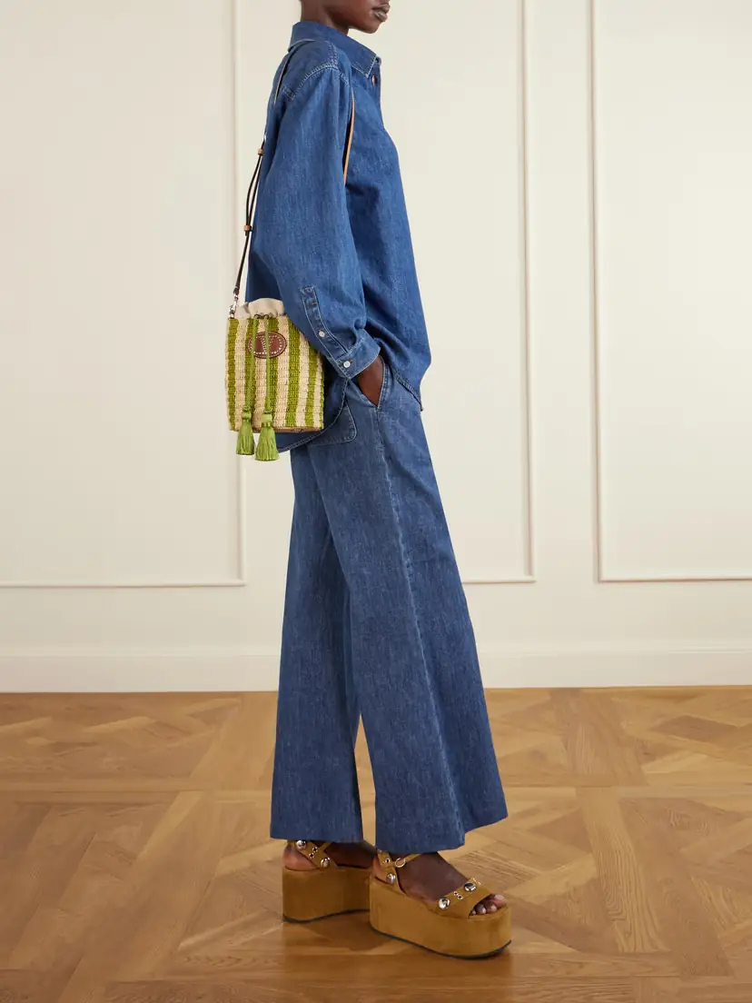 Valentino Garavani Embellished Striped Leather-trimmed Raffia Bucket Bag | Thumbnail 3 Valentino Garavani Embellished Striped Leather-trimmed Raffia Bucket Bag | Thumbnail 3
