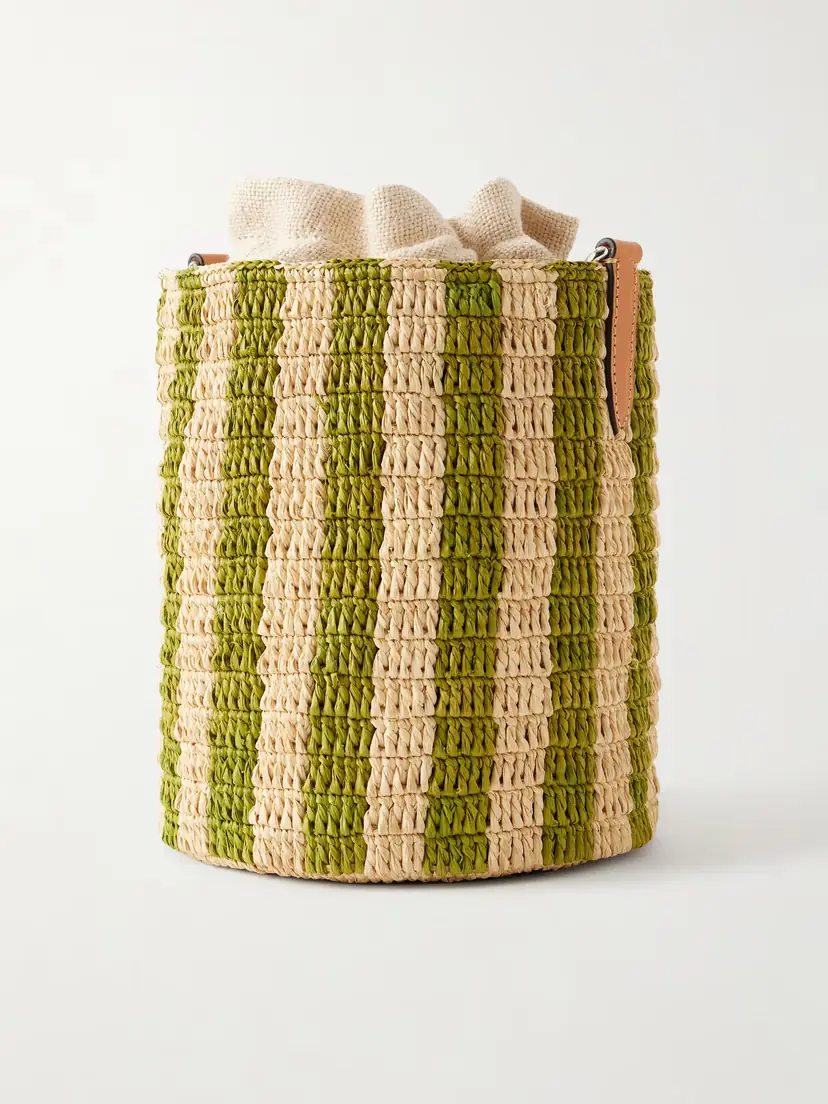 Valentino Garavani Embellished Striped Leather-trimmed Raffia Bucket Bag | Thumbnail 4 Valentino Garavani Embellished Striped Leather-trimmed Raffia Bucket Bag | Thumbnail 4