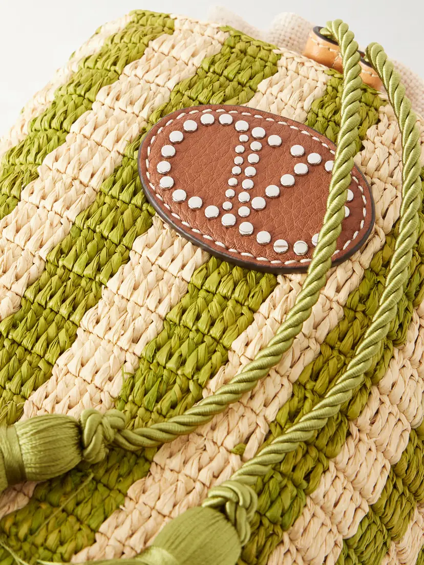 Valentino Garavani Embellished Striped Leather-trimmed Raffia Bucket Bag | Thumbnail 5 Valentino Garavani Embellished Striped Leather-trimmed Raffia Bucket Bag | Thumbnail 5
