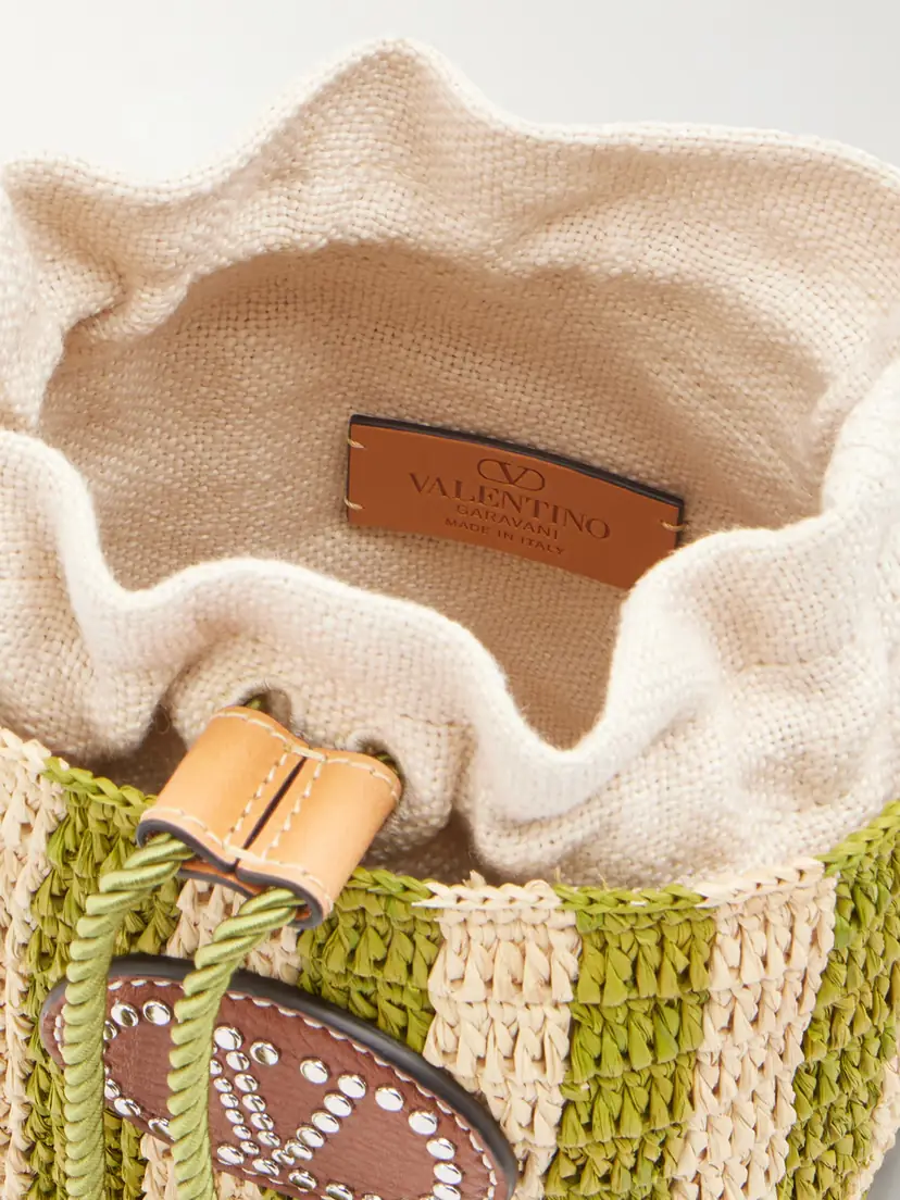 Valentino Garavani Embellished Striped Leather-trimmed Raffia Bucket Bag | Thumbnail 6 Valentino Garavani Embellished Striped Leather-trimmed Raffia Bucket Bag | Thumbnail 6