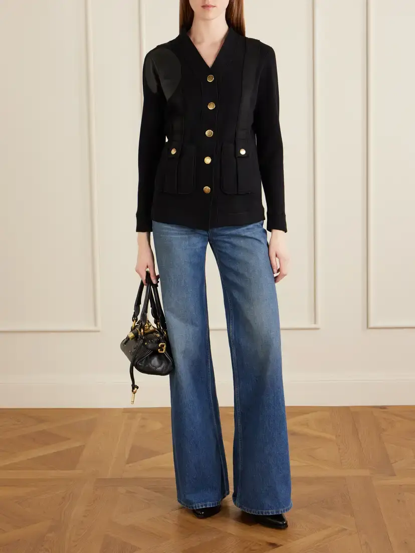 MAISON MAYLE Yates Grosgrain And Leather Trimmed Wool And Cotton-blend Cardigan - Black | Thumbnail 2 MAISON MAYLE Yates Grosgrain And Leather Trimmed Wool And Cotton-blend Cardigan - Black | Thumbnail 2
