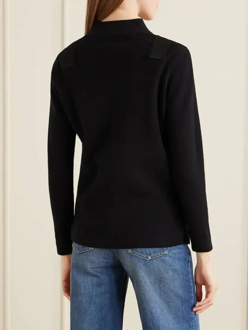 MAISON MAYLE Yates Grosgrain And Leather Trimmed Wool And Cotton-blend Cardigan - Black | Thumbnail 3 MAISON MAYLE Yates Grosgrain And Leather Trimmed Wool And Cotton-blend Cardigan - Black | Thumbnail 3