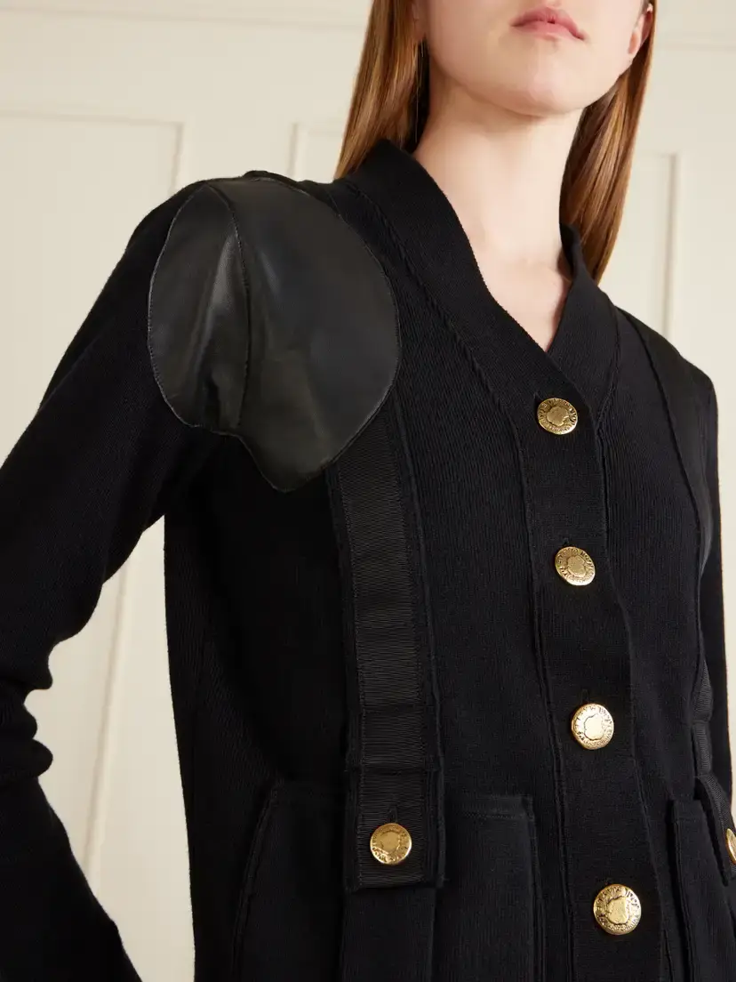 MAISON MAYLE Yates Grosgrain And Leather Trimmed Wool And Cotton-blend Cardigan - Black | Thumbnail 4 MAISON MAYLE Yates Grosgrain And Leather Trimmed Wool And Cotton-blend Cardigan - Black | Thumbnail 4
