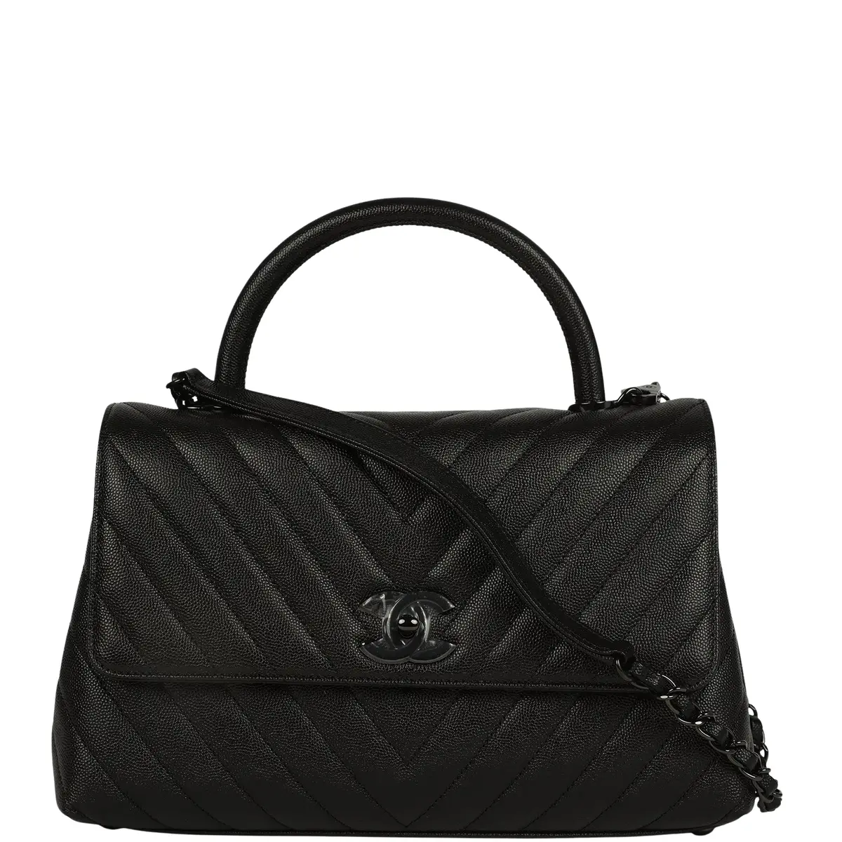 Chanel Chanel Medium Chevron Coco Top Handle So Black Shiny Caviar Black Hardware