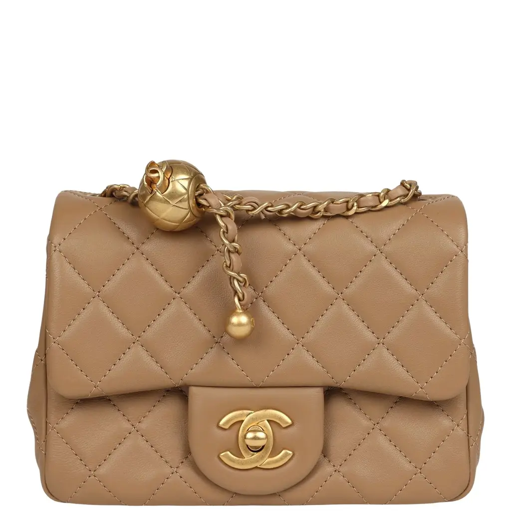 Chanel Chanel Mini Pearl Crush Square Flap Bag Beige Lambskin Brushed Gold Hardware