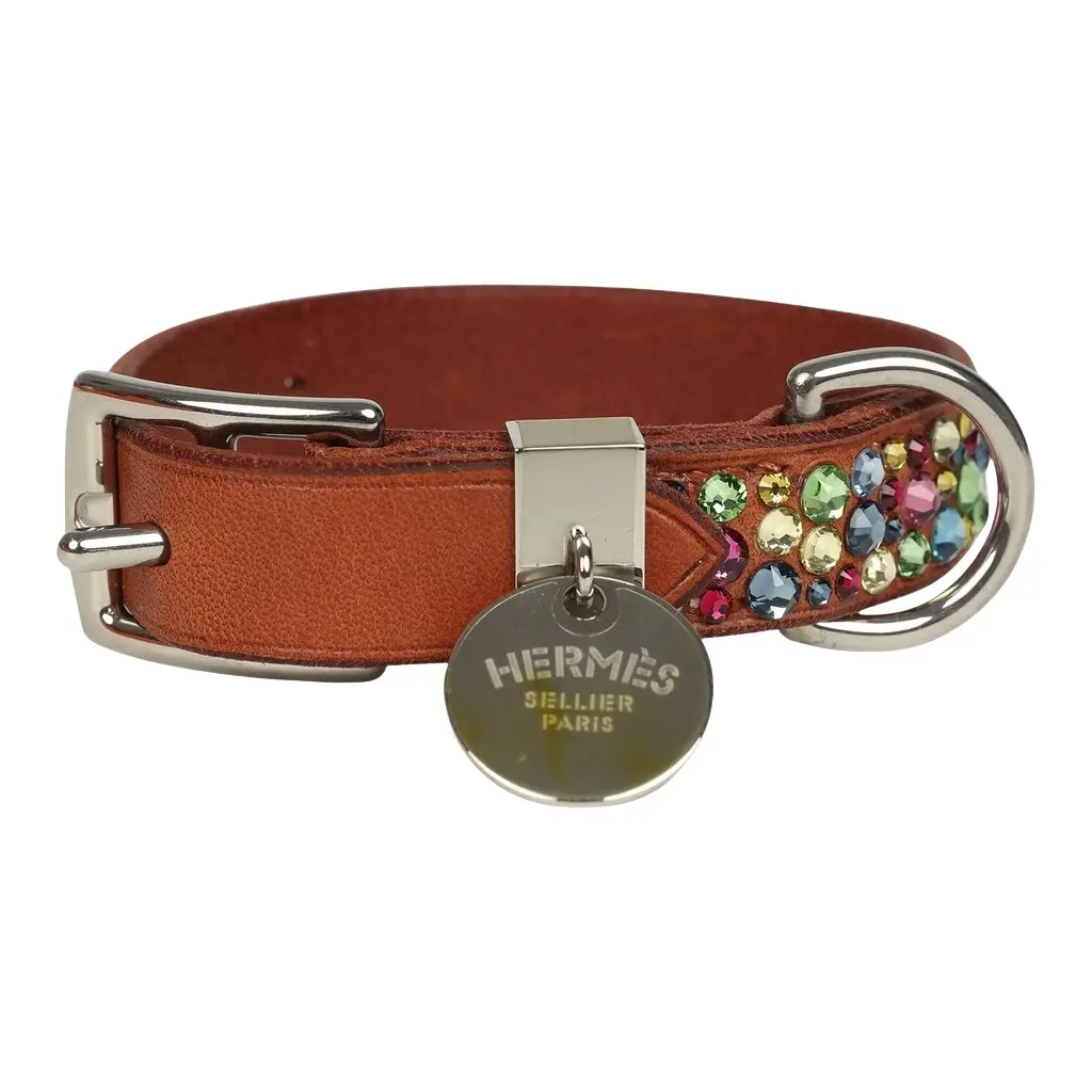 HERMÈS Custom Multicolored Swarovski Crystal Hermes Etriviere III Dog Collar XS Dark Irish Vache Bridle Sterling Silver