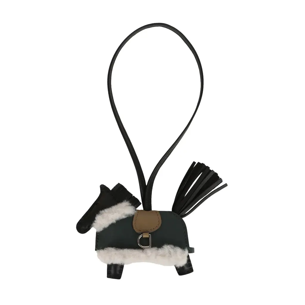 HERMÈS Hermes Rodeo Robeo Plush Charm PM Black, Beige Marfa, Vert Mangrove Milo Lambskin and Ecru Merino Wool Palladium Hardware