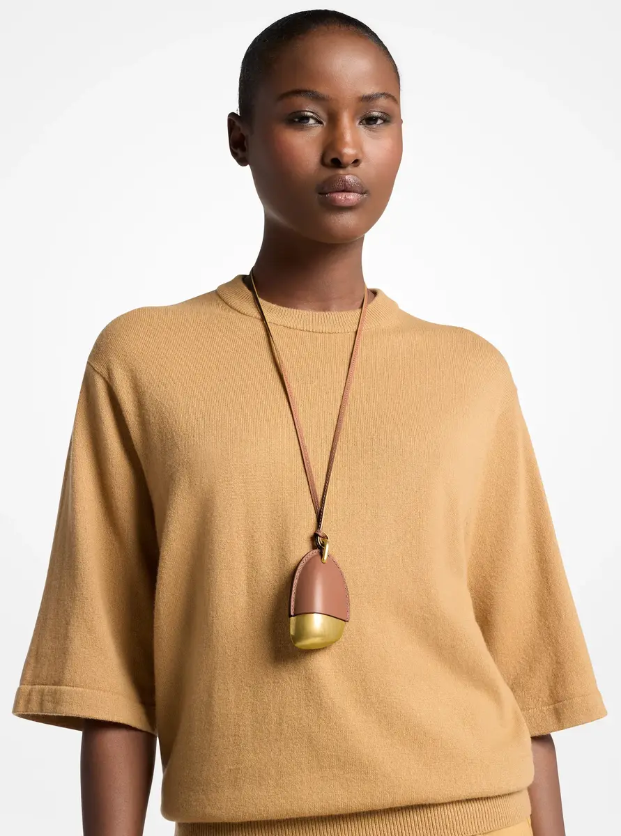 Michael Kors Collection Brushed Brass and Leather Wrapped Pendant Necklace in Natural - One Size by Michael Kors Collection | Thumbnail 19 Michael Kors Collection Brushed Brass and Leather Wrapped Pendant Necklace in Natural - One Size by Michael Kors Collection | Thumbnail 19