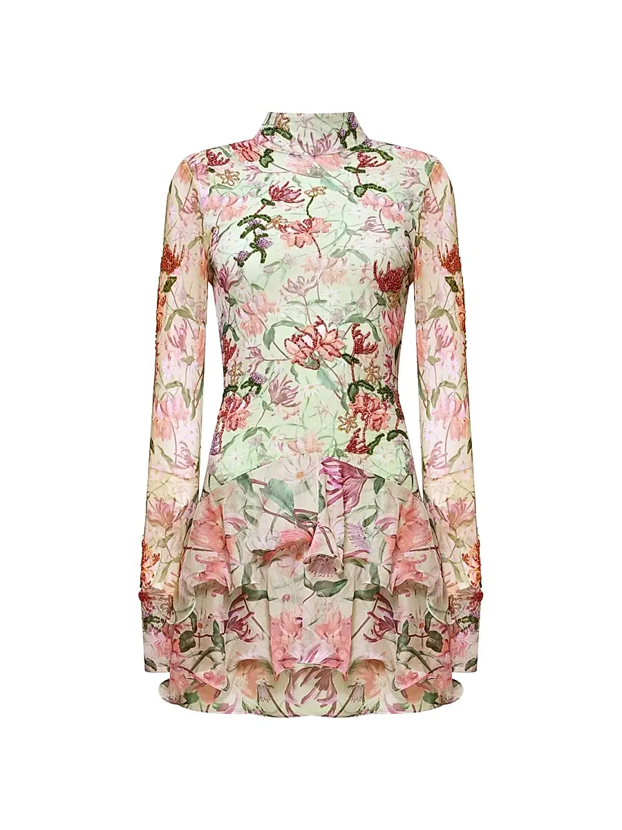PatBO Women's Honey Flower Ruffle Minidress - Green | Image 1 PatBO Women's Honey Flower Ruffle Minidress - Green | Image 1