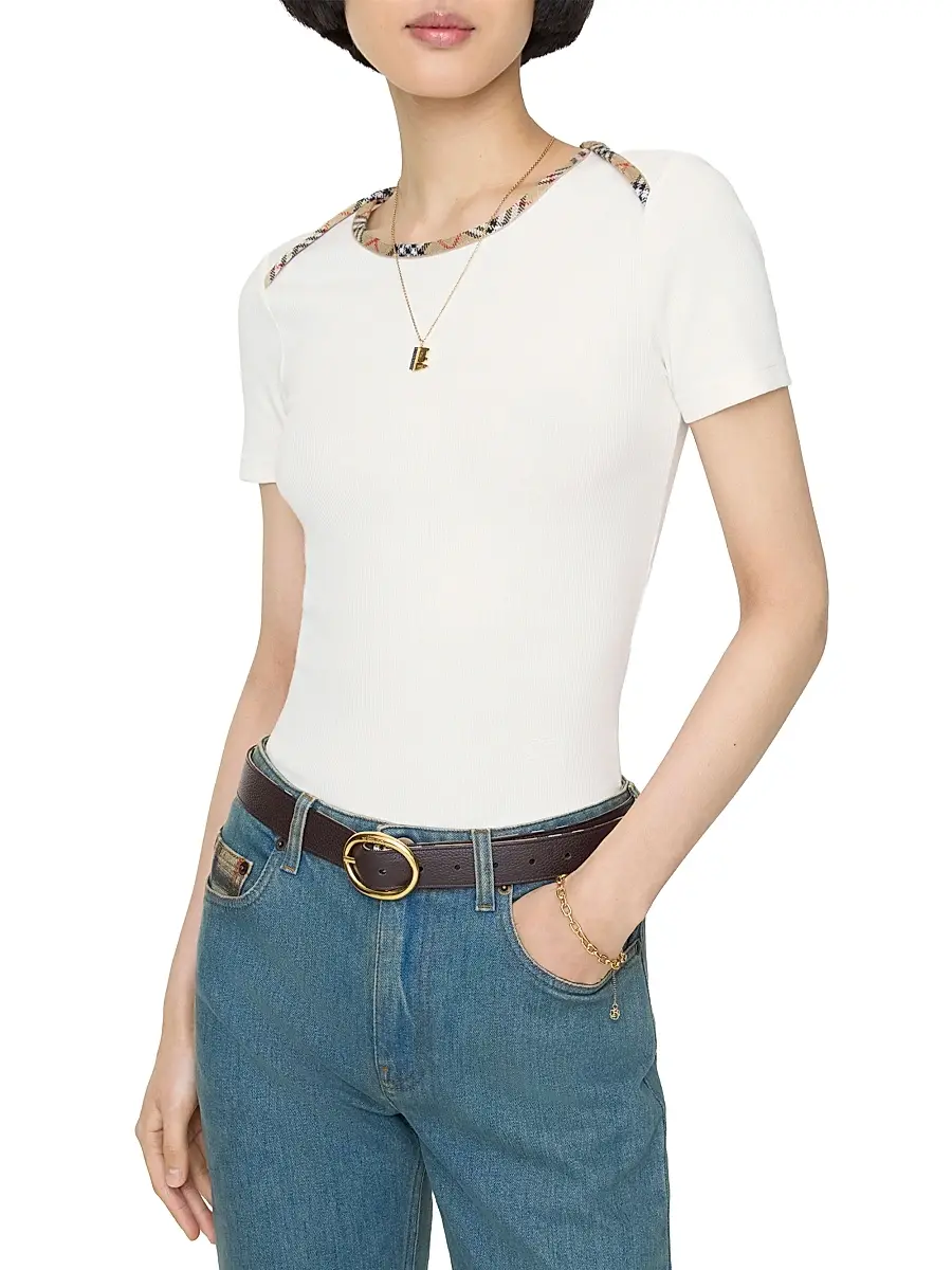 Burberry Women's Check Trim Stretch Cotton T-Shirt | Thumbnail 2 Burberry Women's Check Trim Stretch Cotton T-Shirt | Thumbnail 2