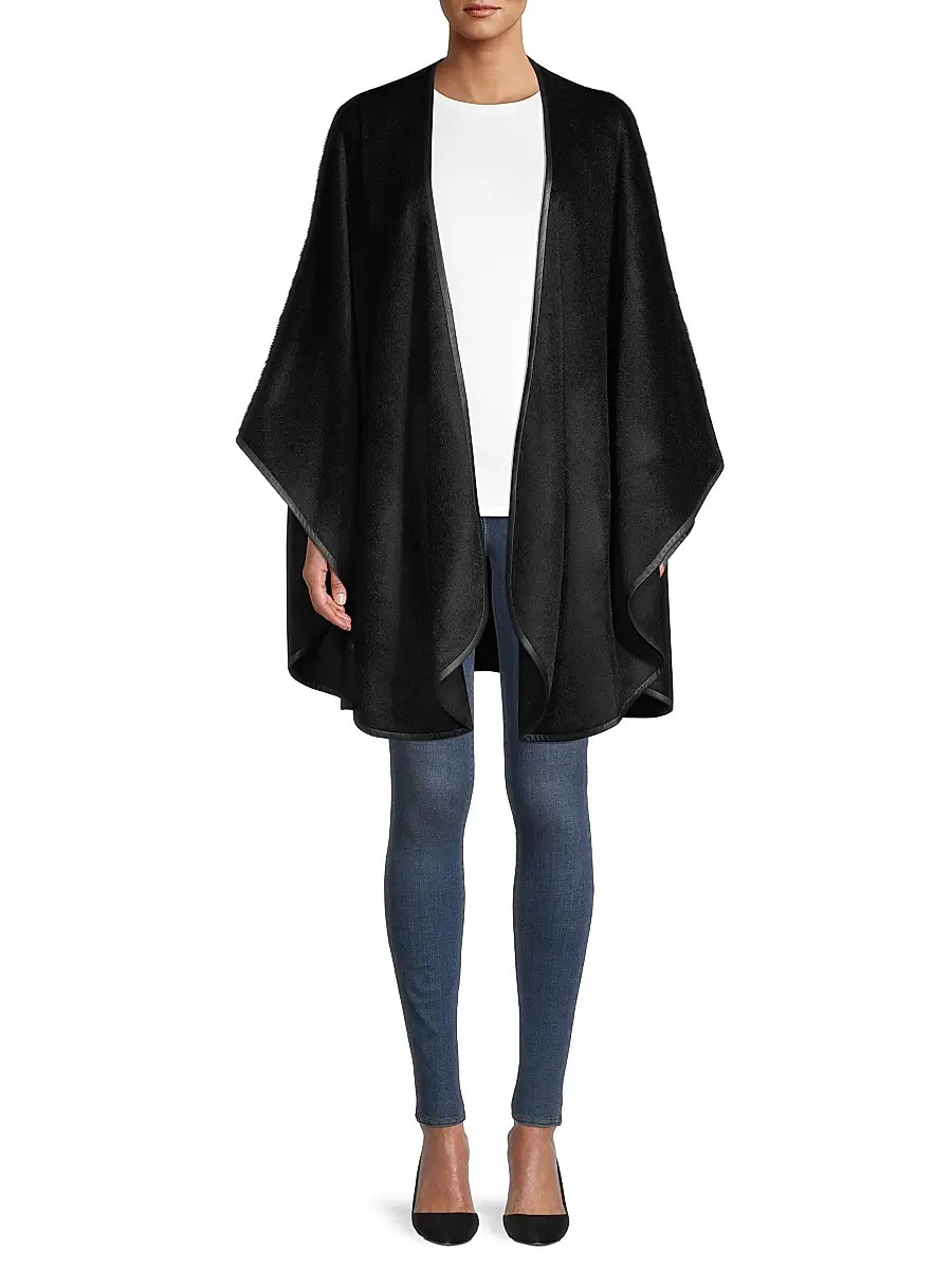 Sofia Cashmere Women's Leather-Trim Alpaca-Blend Cape - Black | Thumbnail 2