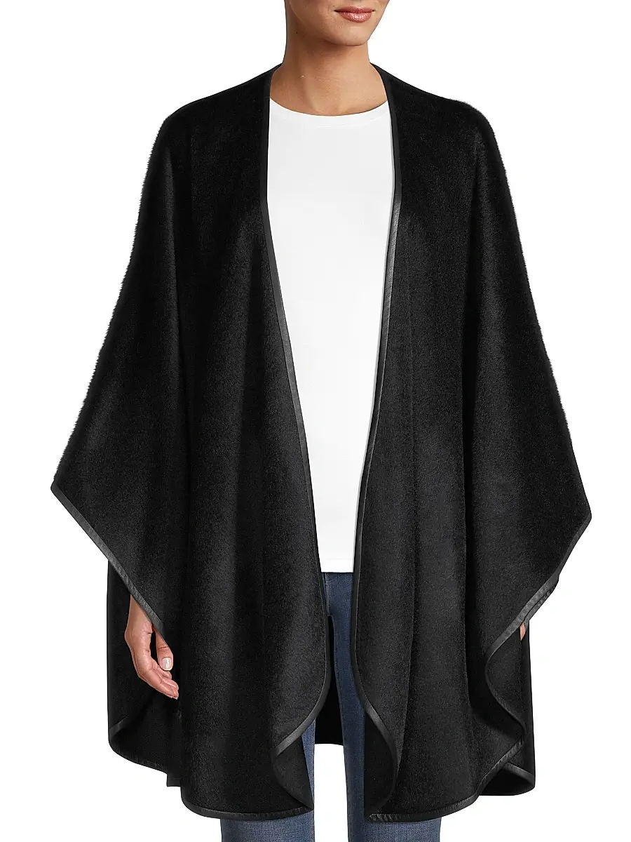 Sofia Cashmere Women's Leather-Trim Alpaca-Blend Cape - Black | Thumbnail 3