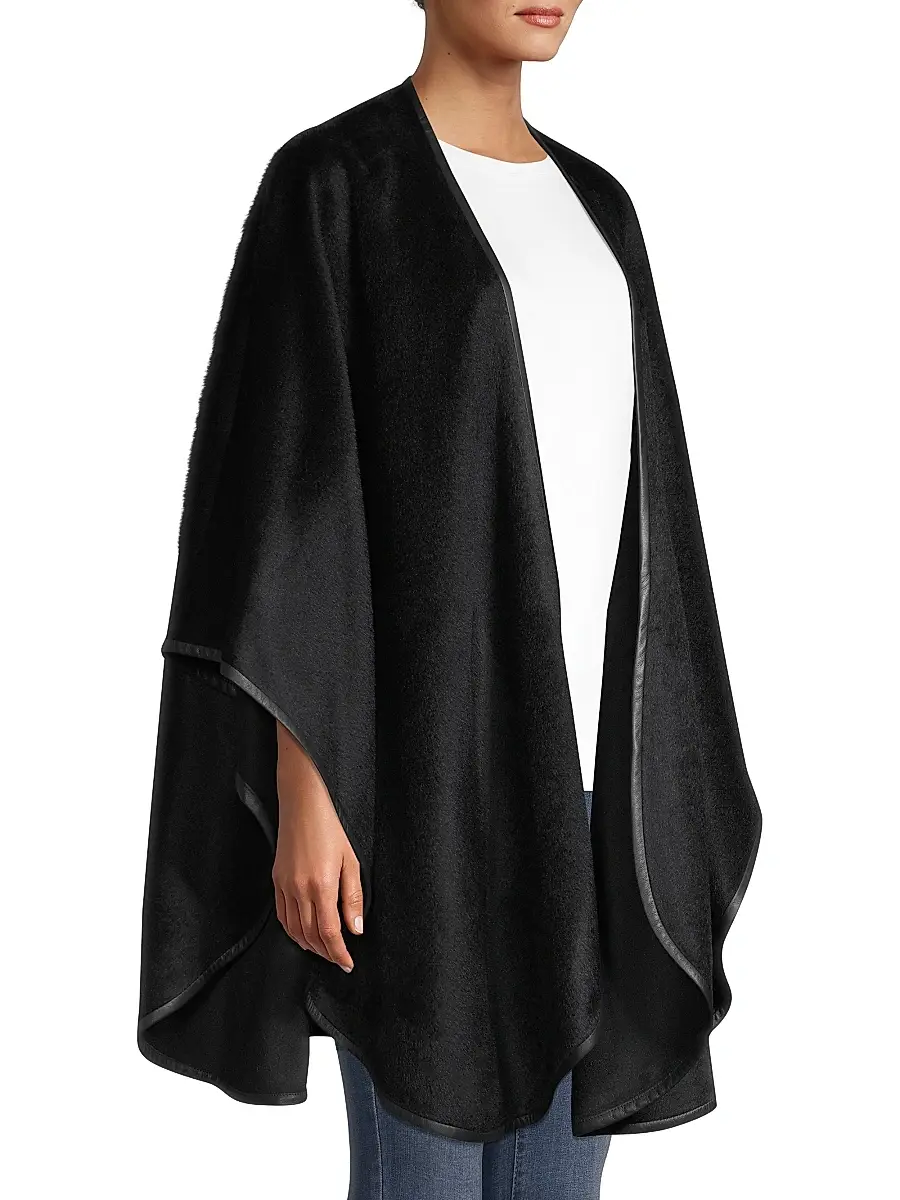 Sofia Cashmere Women's Leather-Trim Alpaca-Blend Cape - Black | Thumbnail 4