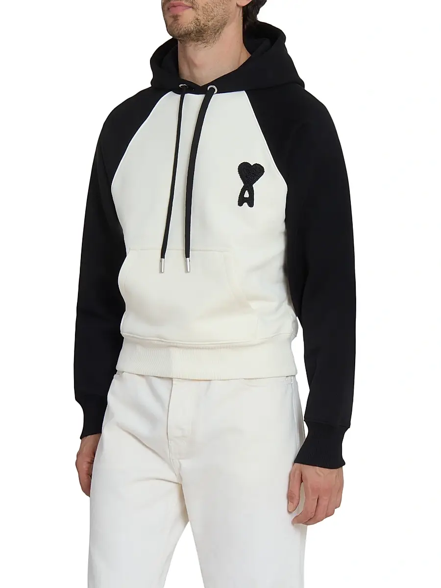 AMI Paris Men's Boxy Crochet Ami De Coeur Raglan Hoodie - Blanc Creme Noir | Thumbnail 4 AMI Paris Men's Boxy Crochet Ami De Coeur Raglan Hoodie - Blanc Creme Noir | Thumbnail 4