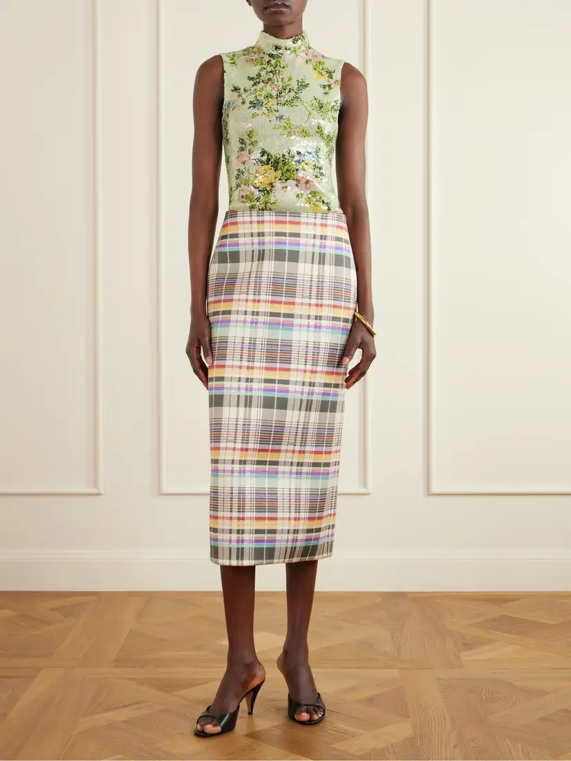 Brandon Maxwell Mercer Bonded Checked Wool And Silk-blend Midi Skirt | Thumbnail 2 Brandon Maxwell Mercer Bonded Checked Wool And Silk-blend Midi Skirt | Thumbnail 2
