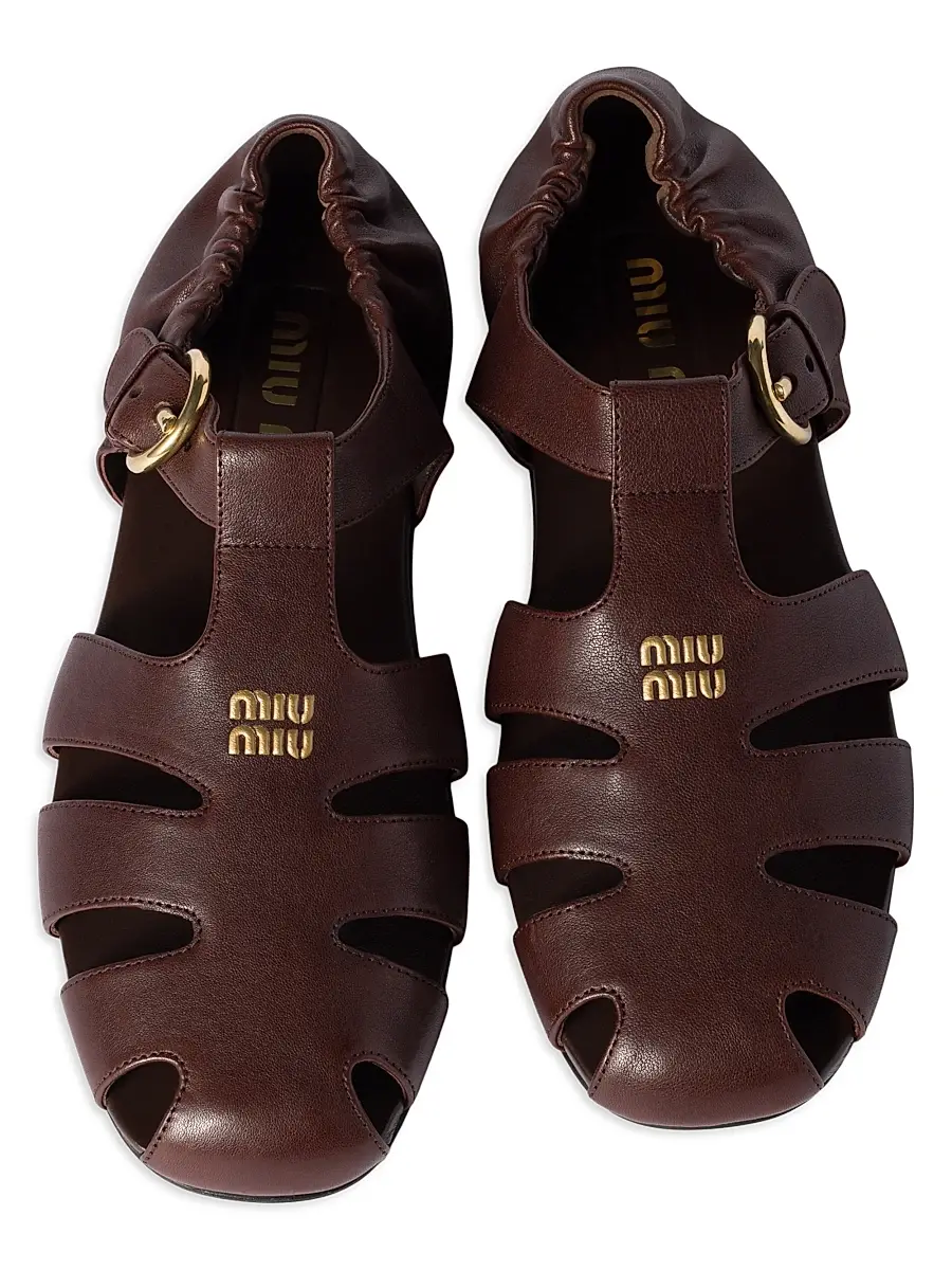 Miu Miu Women's Ruches Nappa Leather Fisherman Sandals - Brown | Thumbnail 2 Miu Miu Women's Ruches Nappa Leather Fisherman Sandals - Brown | Thumbnail 2