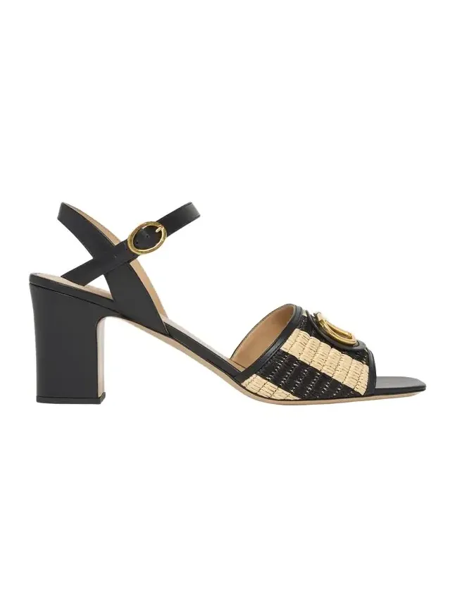 75mm VLogo Leather and Striped Raffia Ankle-Strap Sandals