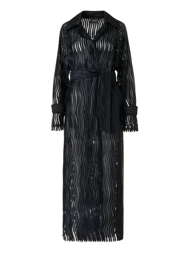 Wave Embroidered Single-Breasted Long Coat