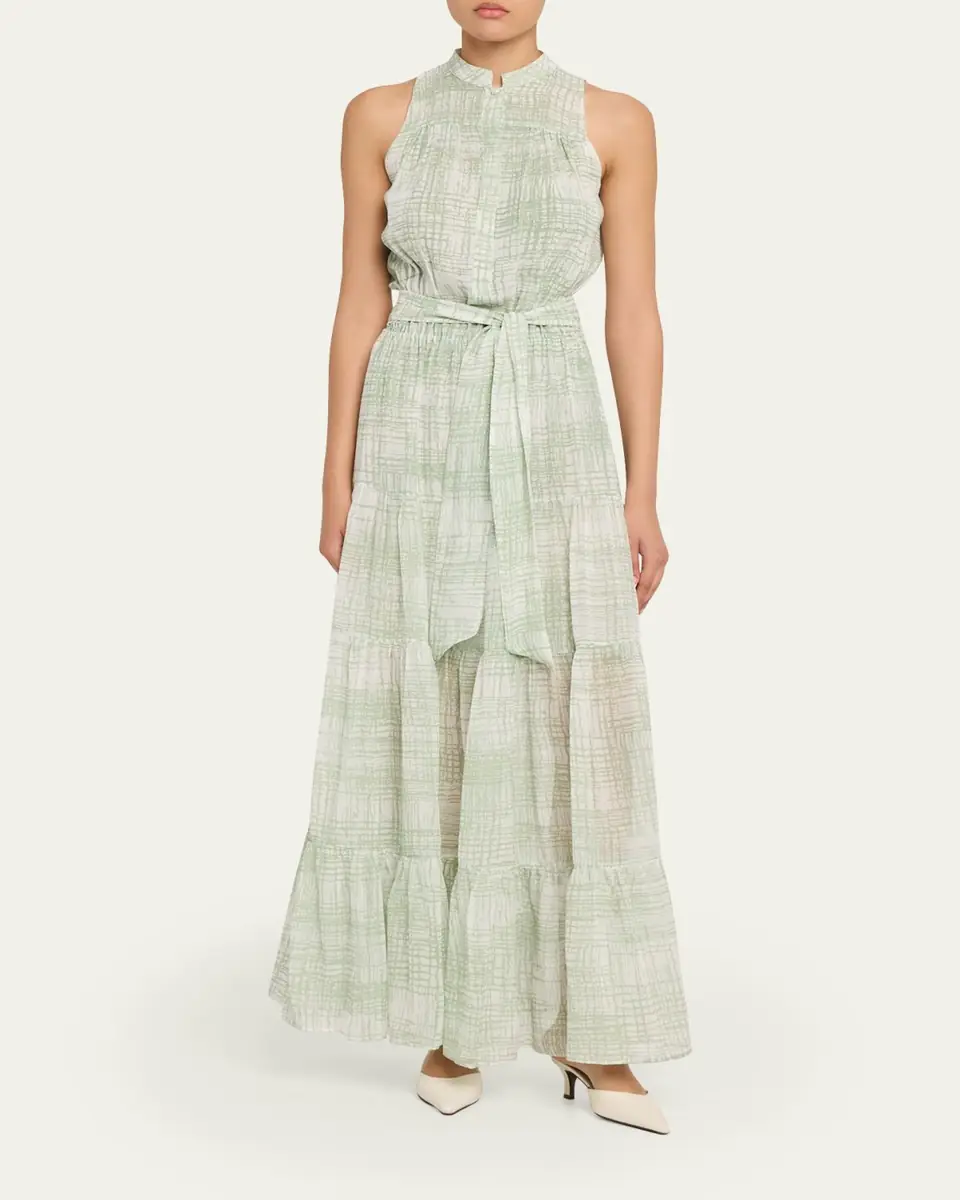 Kiton Check Silk Tie-Waist Tiered Maxi Dress | Thumbnail 2 Kiton Check Silk Tie-Waist Tiered Maxi Dress | Thumbnail 2
