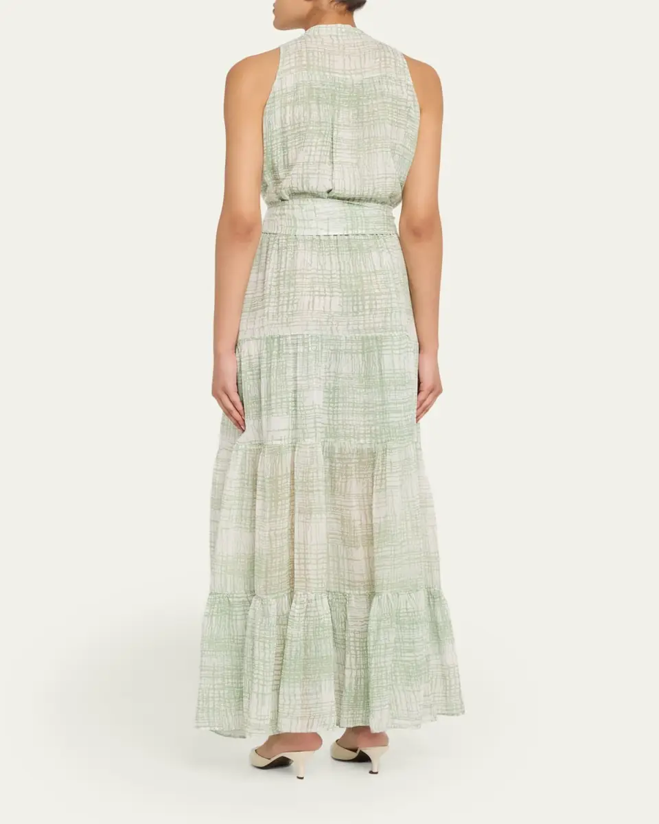 Kiton Check Silk Tie-Waist Tiered Maxi Dress | Thumbnail 3 Kiton Check Silk Tie-Waist Tiered Maxi Dress | Thumbnail 3