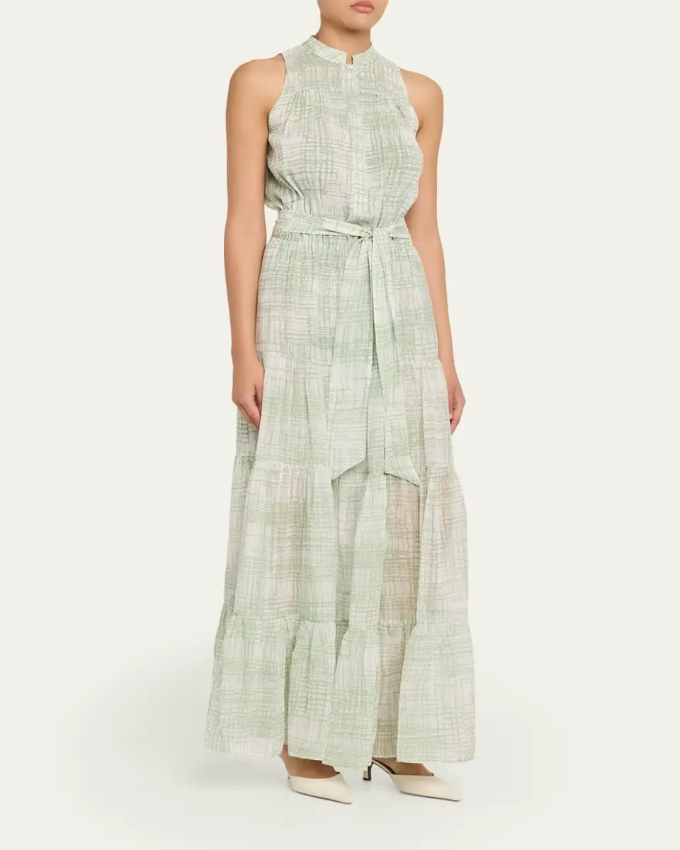 Kiton Check Silk Tie-Waist Tiered Maxi Dress | Thumbnail 4 Kiton Check Silk Tie-Waist Tiered Maxi Dress | Thumbnail 4