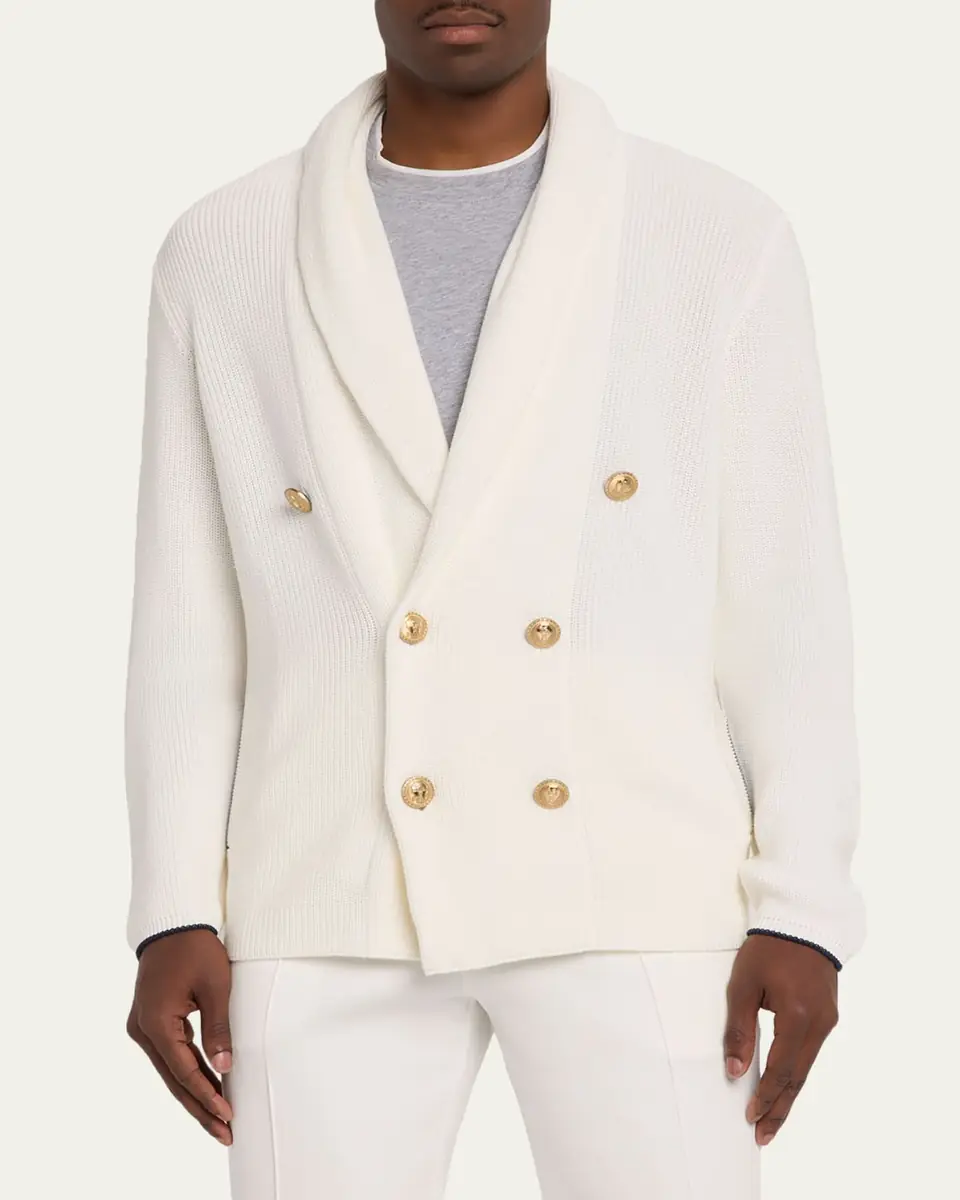 Brunello Cucinelli Men's Cotton Knit Double-Breasted Shawl Cardigan | Thumbnail 4 Brunello Cucinelli Men's Cotton Knit Double-Breasted Shawl Cardigan | Thumbnail 4