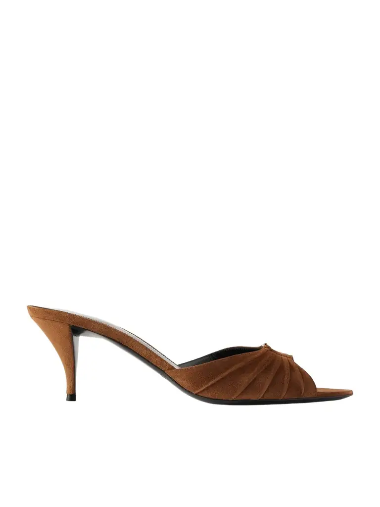 Saint Laurent Babylone Embellished Gathered Suede Mules | Image 1 Saint Laurent Babylone Embellished Gathered Suede Mules | Image 1