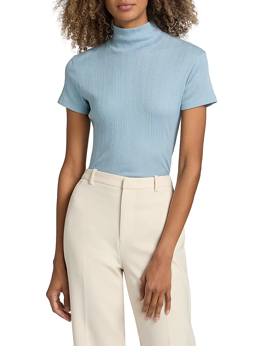 Vince Women's Rib-Knit Mock Turleneck Short-Sleeve Top | Thumbnail 3 Vince Women's Rib-Knit Mock Turleneck Short-Sleeve Top | Thumbnail 3