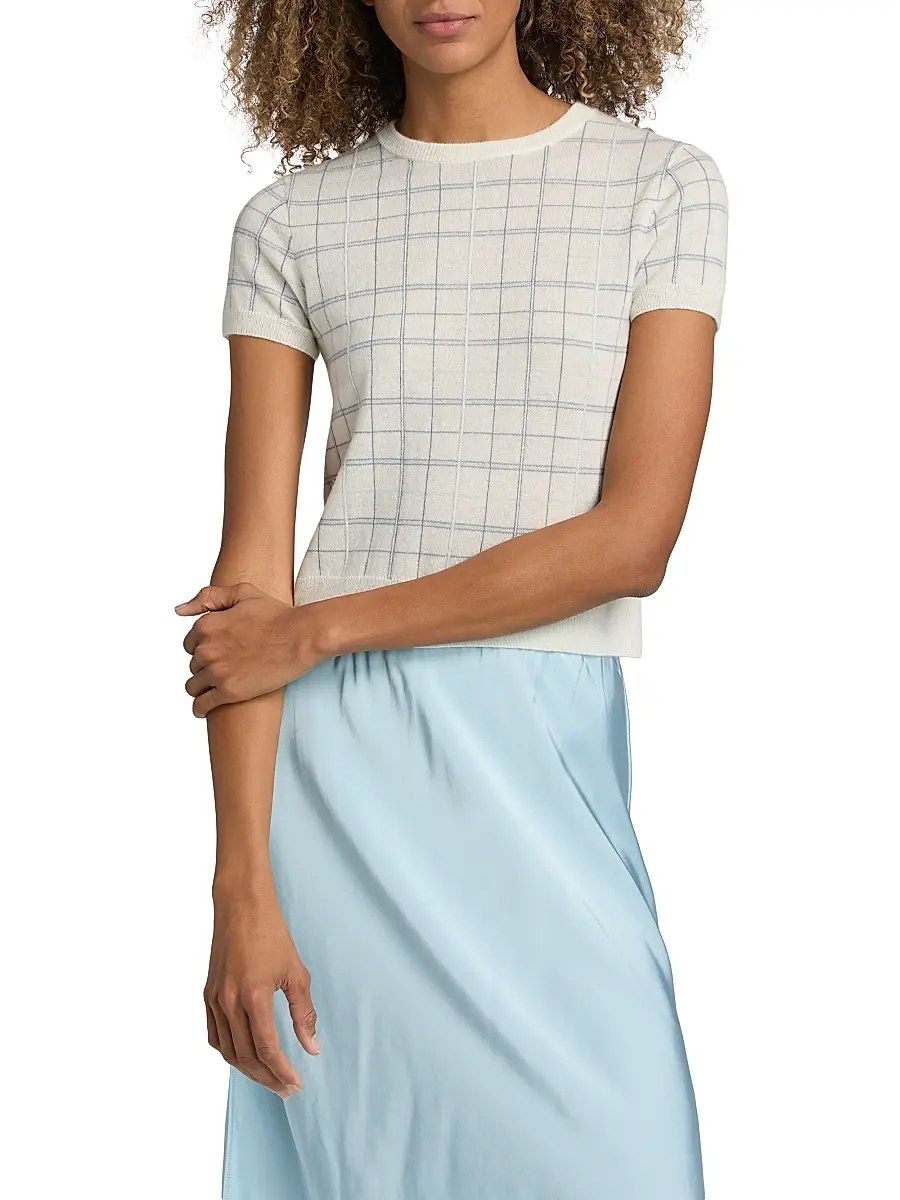 Vince Women's Plaid Crewneck Short-Sleeve Sweater | Thumbnail 3 Vince Women's Plaid Crewneck Short-Sleeve Sweater | Thumbnail 3