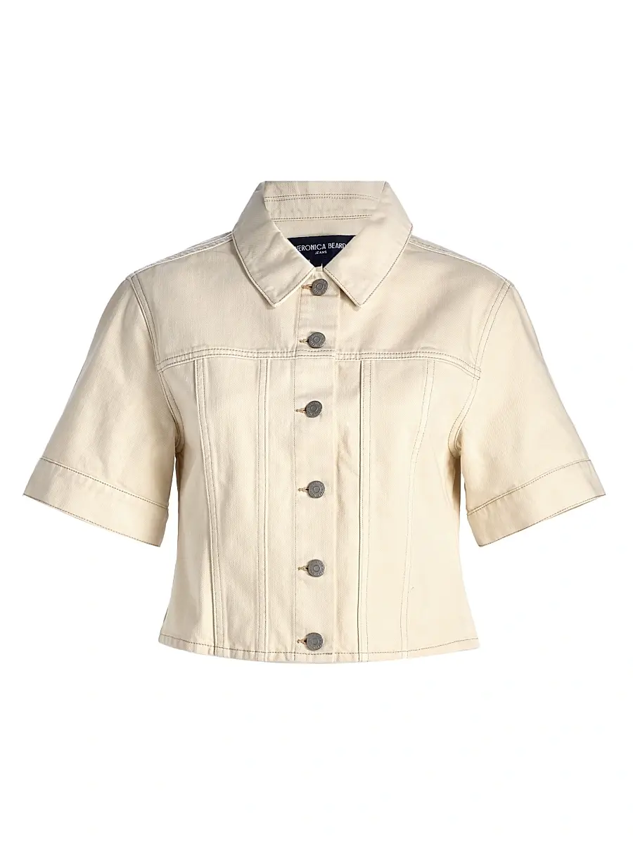 Veronica Beard Women's Malcom Slub Denim Short-Sleeve Jacket - Ecru | Image 1 Veronica Beard Women's Malcom Slub Denim Short-Sleeve Jacket - Ecru | Image 1