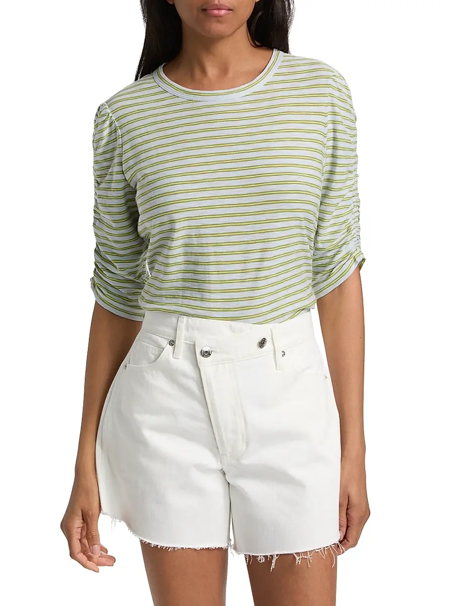Veronica Beard Women's Waldorf Striped Ruched-Sleeve Cotton Jersey T-Shirt | Thumbnail 3 Veronica Beard Women's Waldorf Striped Ruched-Sleeve Cotton Jersey T-Shirt | Thumbnail 3