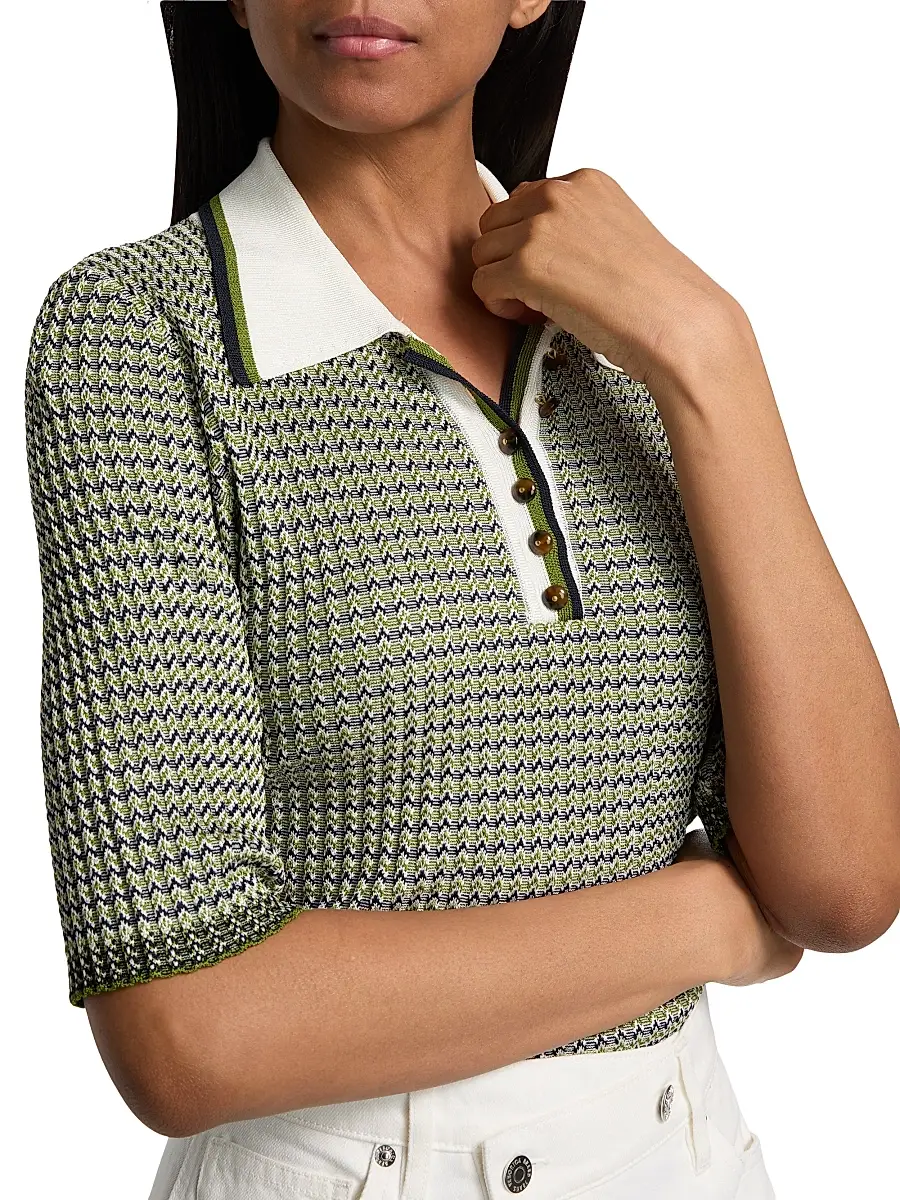 Veronica Beard Women's Soza Textured-Chevron Polo Top | Thumbnail 6 Veronica Beard Women's Soza Textured-Chevron Polo Top | Thumbnail 6