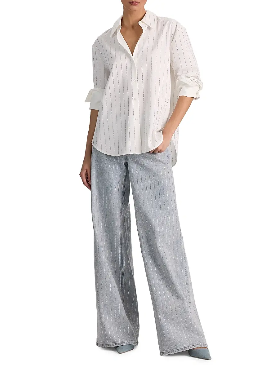 Alice + Olivia Women's Rhinestone Pinstriped Oversized Button-Front Shirt | Thumbnail 2 Alice + Olivia Women's Rhinestone Pinstriped Oversized Button-Front Shirt | Thumbnail 2