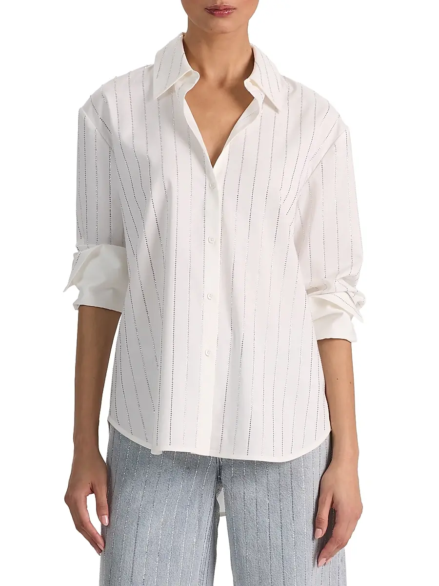Alice + Olivia Women's Rhinestone Pinstriped Oversized Button-Front Shirt | Thumbnail 3 Alice + Olivia Women's Rhinestone Pinstriped Oversized Button-Front Shirt | Thumbnail 3