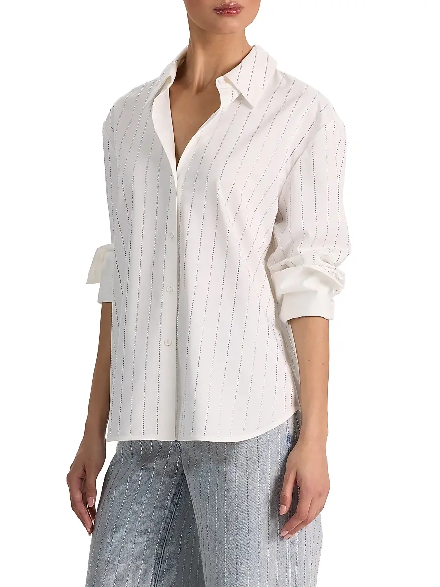 Alice + Olivia Women's Rhinestone Pinstriped Oversized Button-Front Shirt | Thumbnail 4 Alice + Olivia Women's Rhinestone Pinstriped Oversized Button-Front Shirt | Thumbnail 4