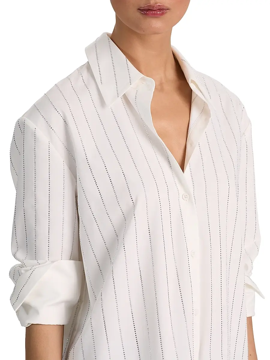 Alice + Olivia Women's Rhinestone Pinstriped Oversized Button-Front Shirt | Thumbnail 6 Alice + Olivia Women's Rhinestone Pinstriped Oversized Button-Front Shirt | Thumbnail 6