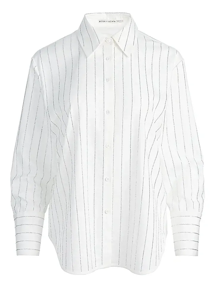Alice + Olivia Women's Rhinestone Pinstriped Oversized Button-Front Shirt