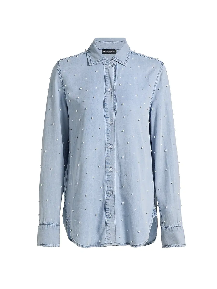 Generation Love Women's Marcello Imitation Pearl-Embellished Shirt - Light Blue Pearl | Image 1 Generation Love Women's Marcello Imitation Pearl-Embellished Shirt - Light Blue Pearl | Image 1