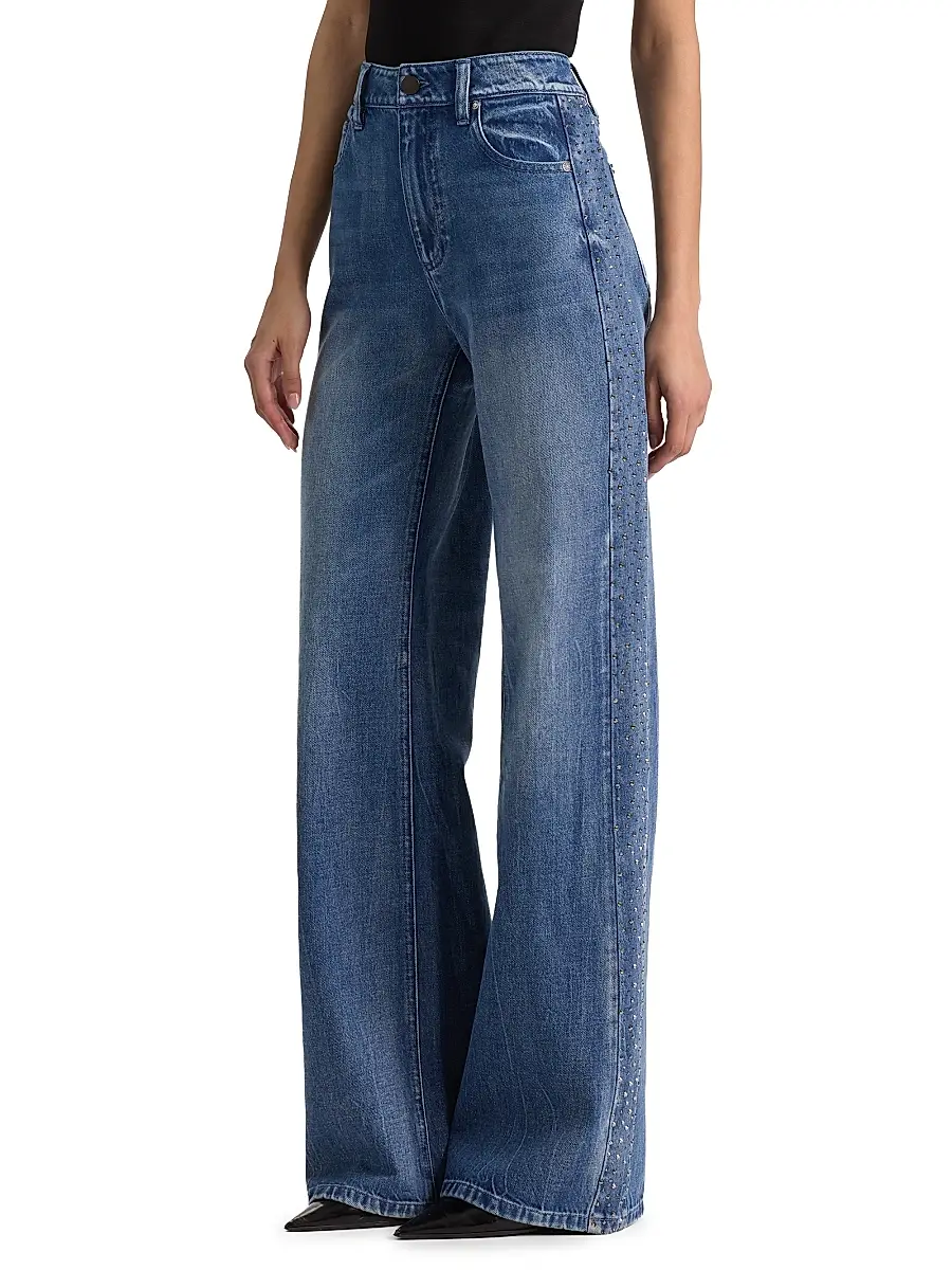 Alice + Olivia Women's Chic Crystal-Embellished High-Rise Wide-Leg Jeans | Thumbnail 3 Alice + Olivia Women's Chic Crystal-Embellished High-Rise Wide-Leg Jeans | Thumbnail 3